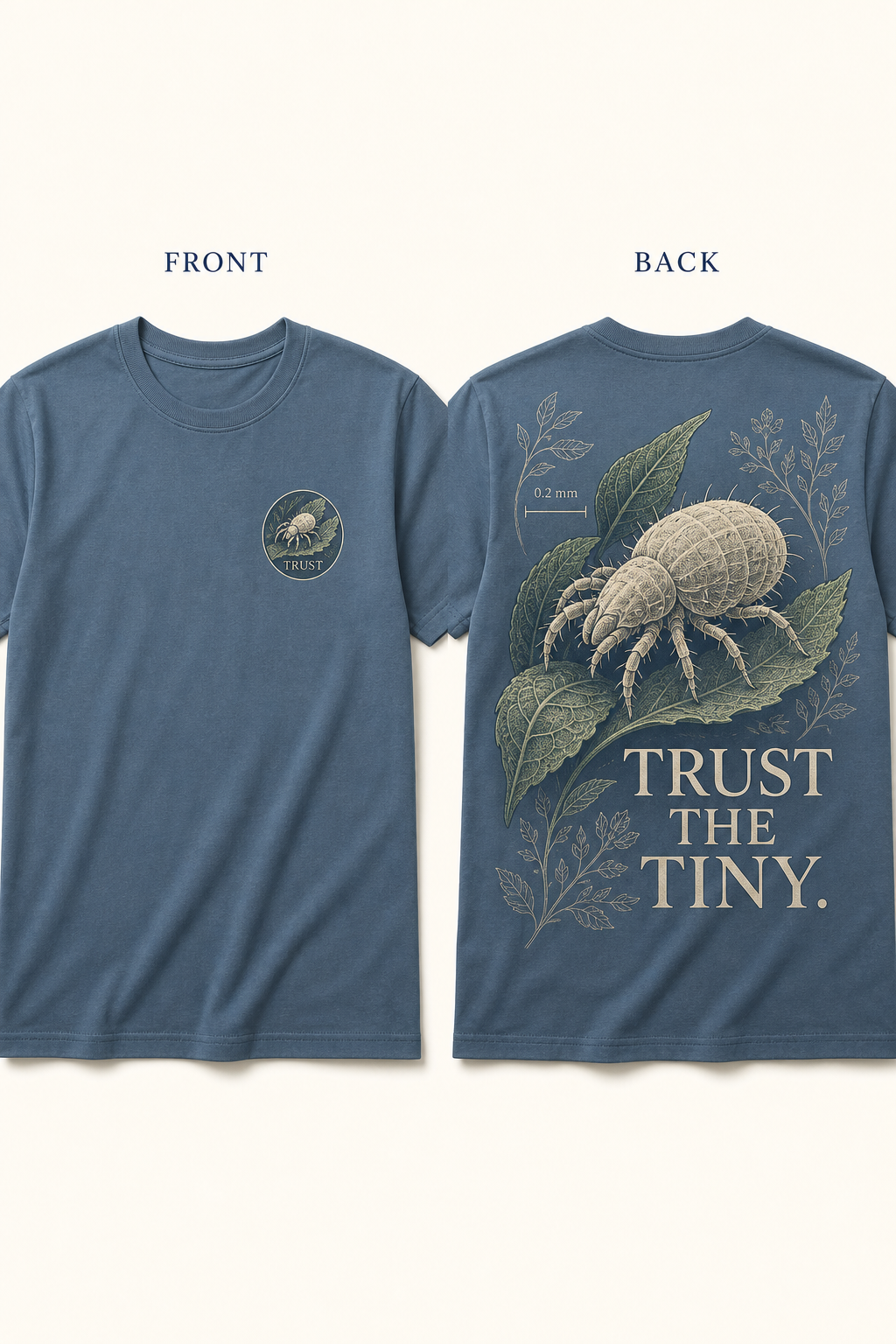 Current front and back T-shirt mockup for Trust the Tiny.