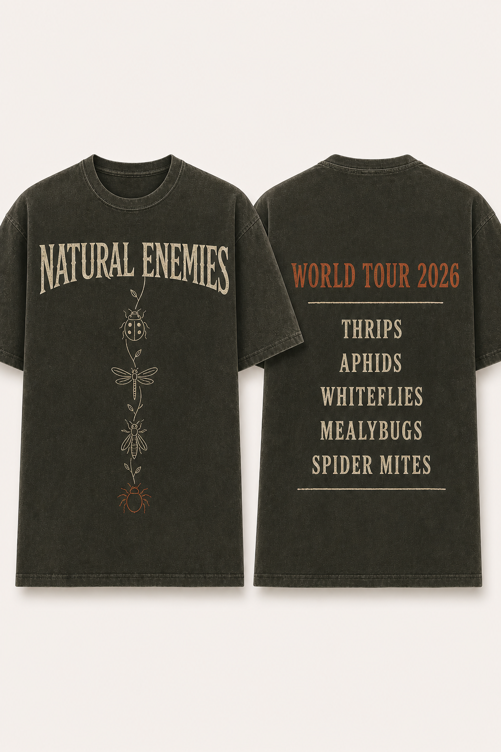 Simplified sketch front and back T-shirt mockup for Natural Enemies World Tour 2026.