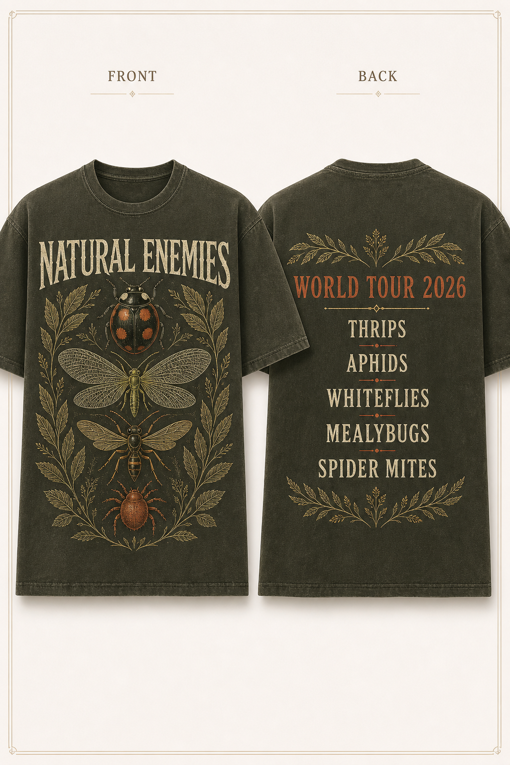 Current front and back T-shirt mockup for Natural Enemies World Tour 2026.