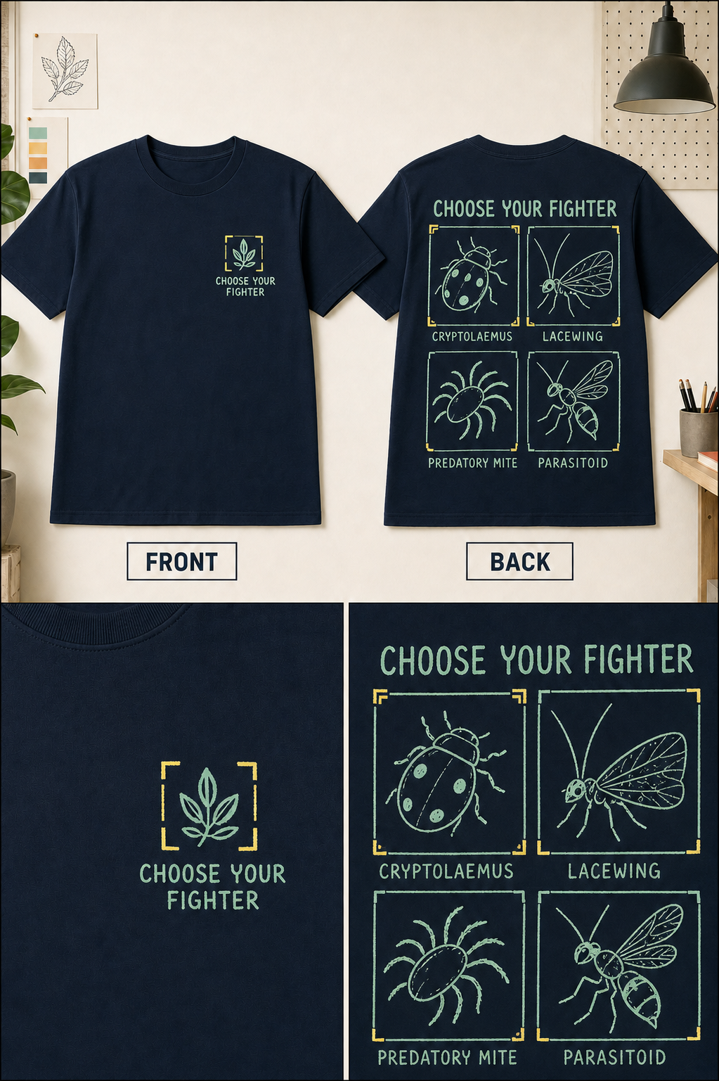 Simplified sketch front and back T-shirt mockup for Choose Your Fighter.