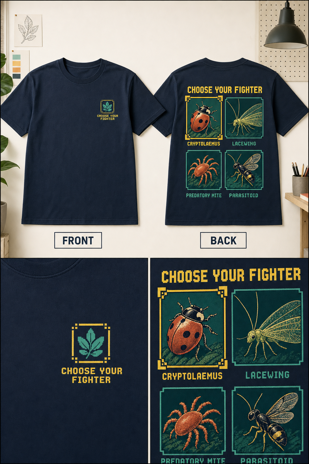 Current front and back T-shirt mockup for Choose Your Fighter.