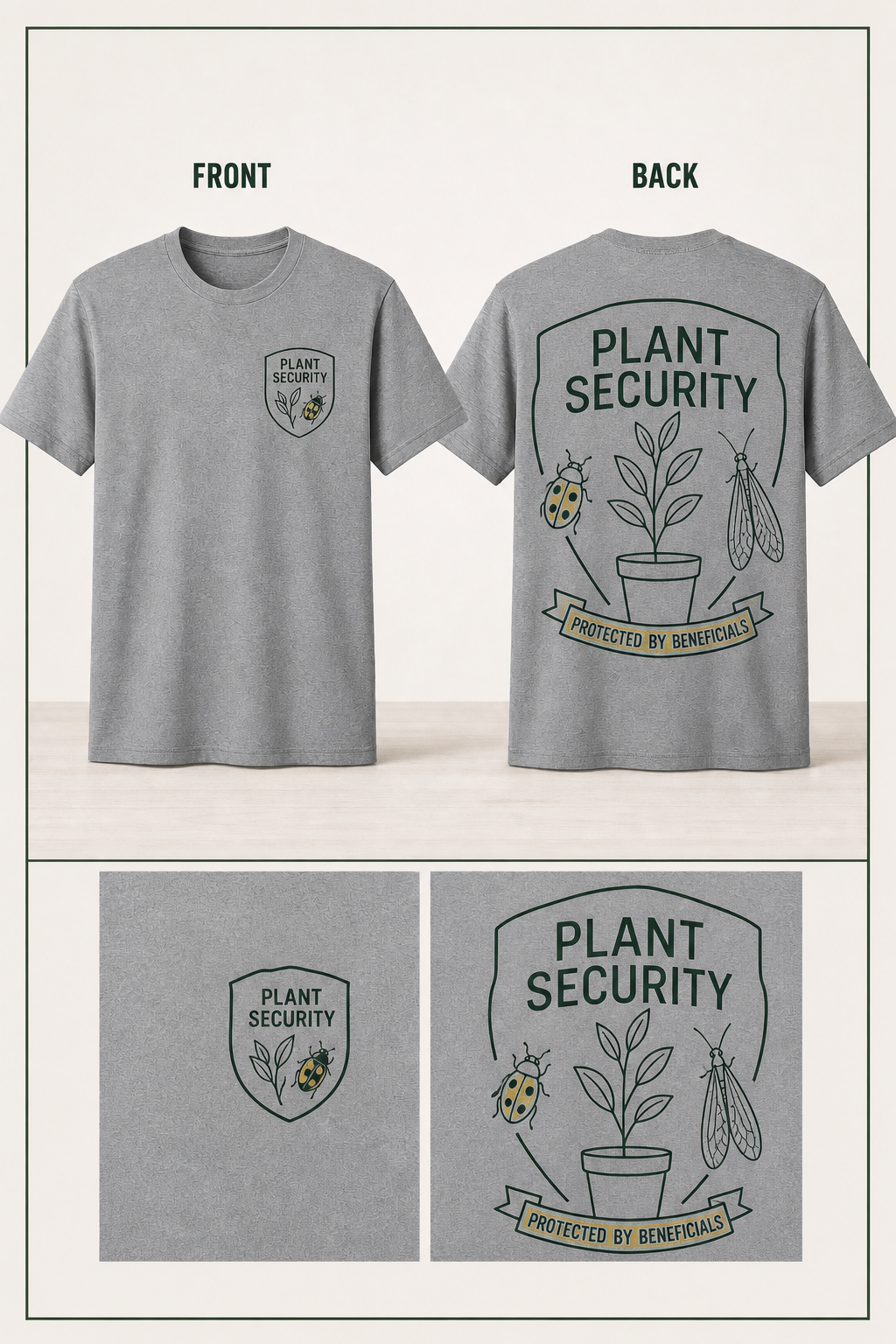 Simplified sketch front and back T-shirt mockup for Plant Security.
