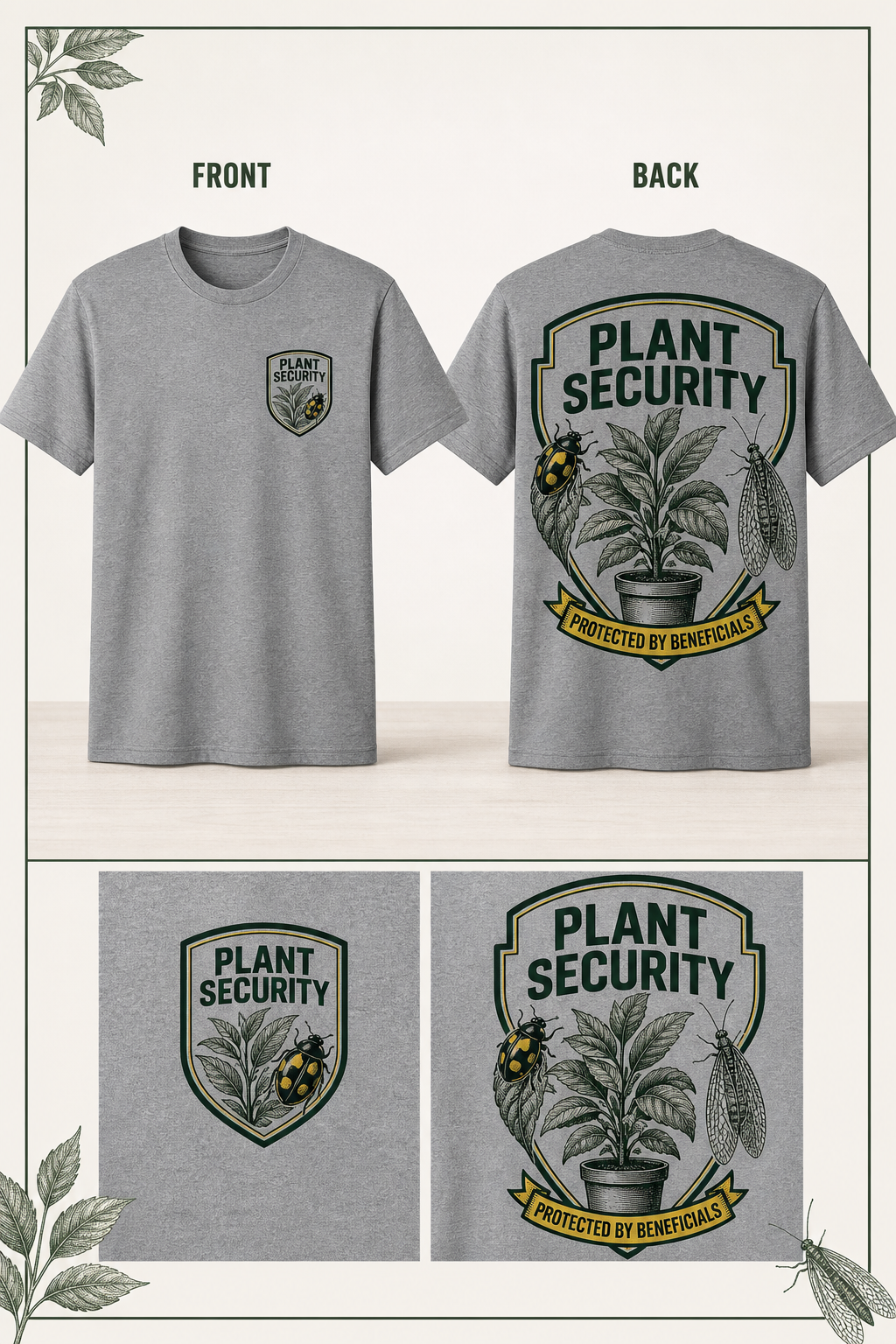 Current front and back T-shirt mockup for Plant Security.