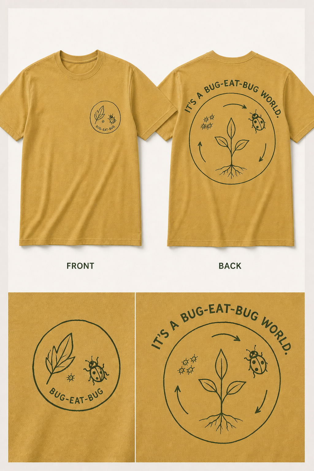 Simplified sketch front and back T-shirt mockup for It's a Bug-Eat-Bug World.