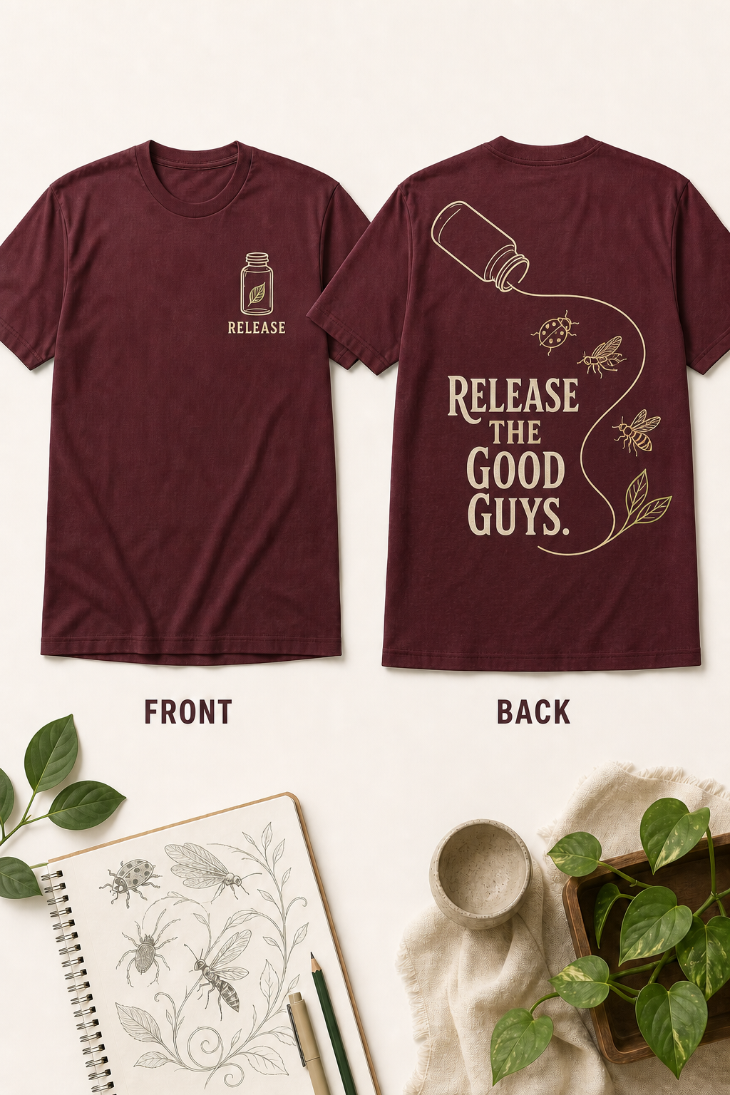 Simplified sketch front and back T-shirt mockup for Release the Good Guys.