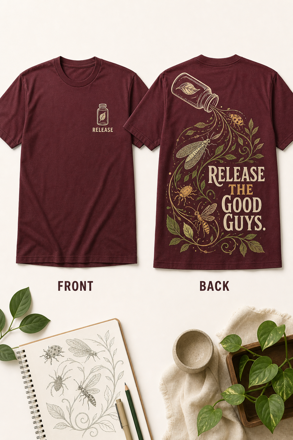 Current front and back T-shirt mockup for Release the Good Guys.