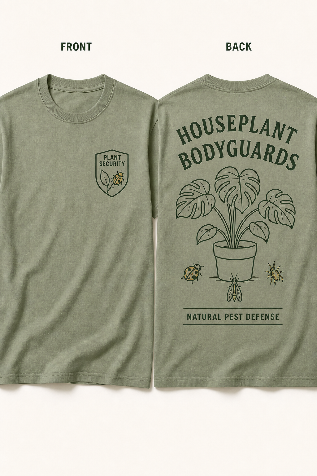 Simplified sketch front and back T-shirt mockup for Houseplant Bodyguards.