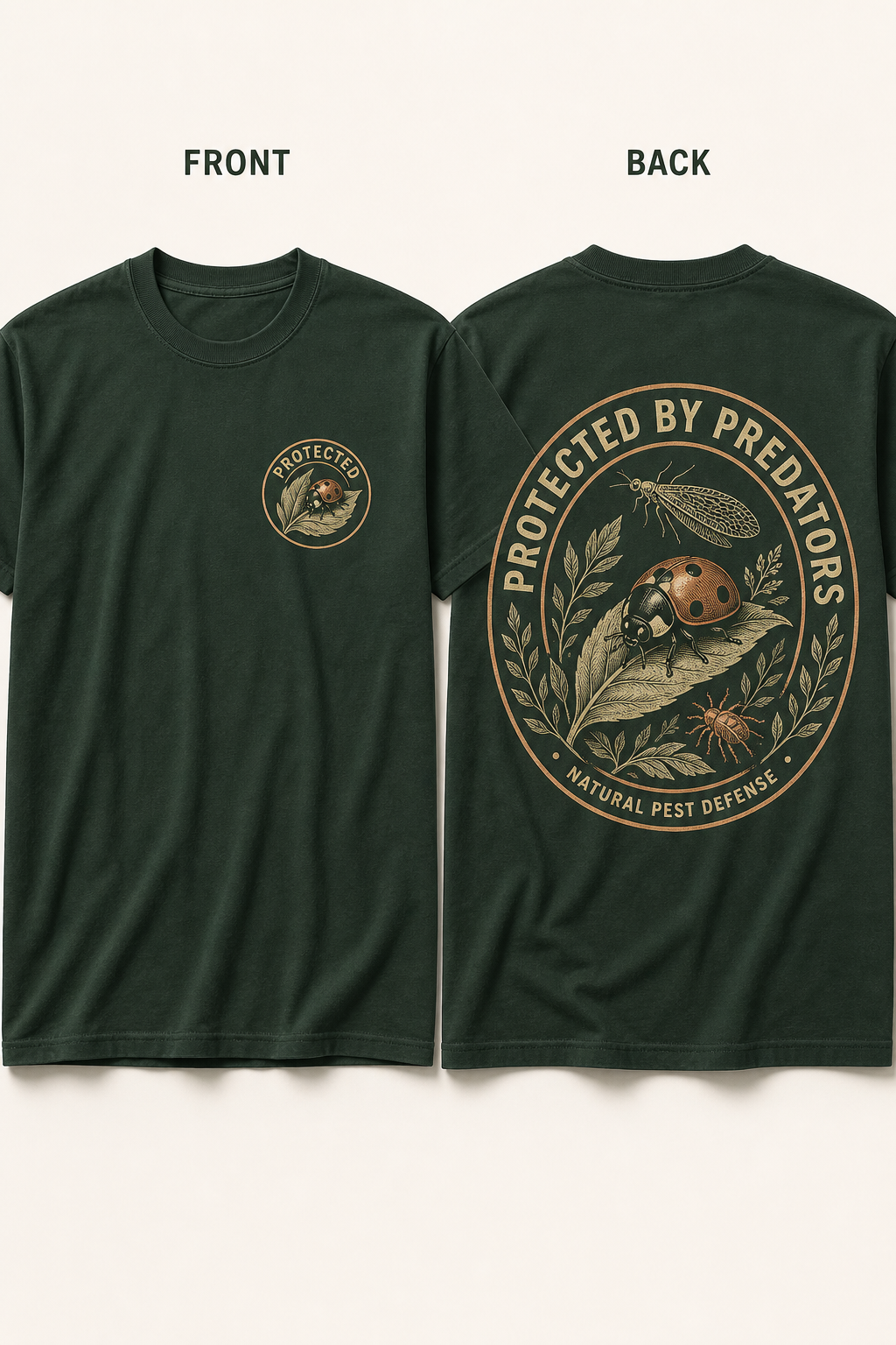 Current front and back T-shirt mockup for Protected by Predators.